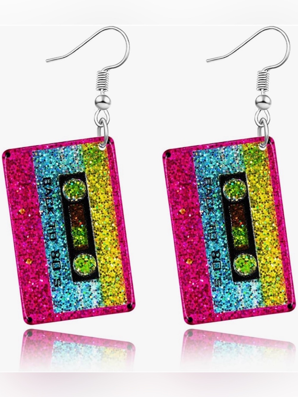 Glitter Retro Cassette Earrings - Pink Multi Color